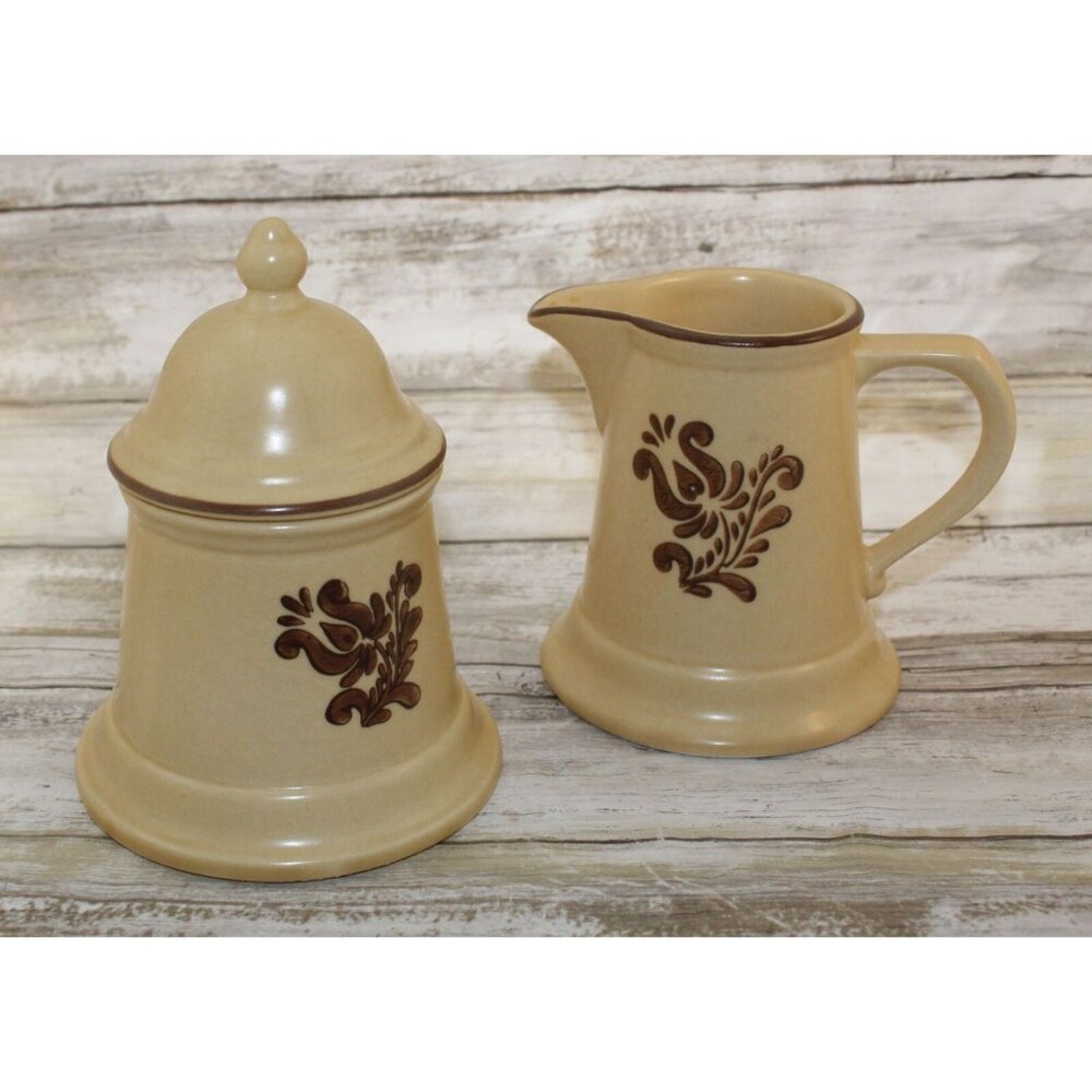 Pfaltzgraff Village Creamer 6-24 and Sugar 6-22 Set, Beige‎ With Brown Designs
